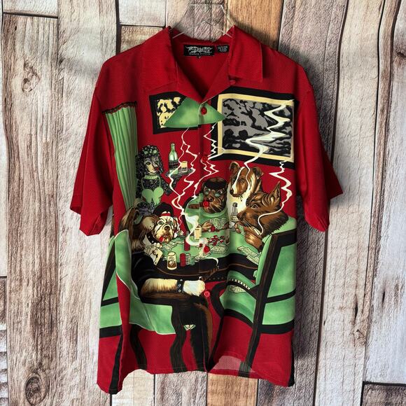Dragonfly Casual Button Up Shirt Y2K Dogs Poker Cards Short Sleeves Medium Mens - Picture 1 of 9